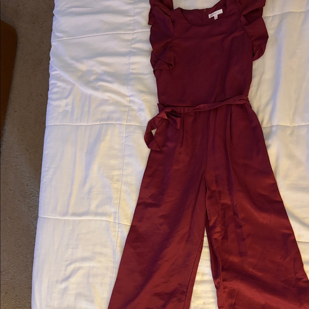 GB Girls Burgundy Ruffle-Sleeve Jumpsuit with Tie Waist Size 14